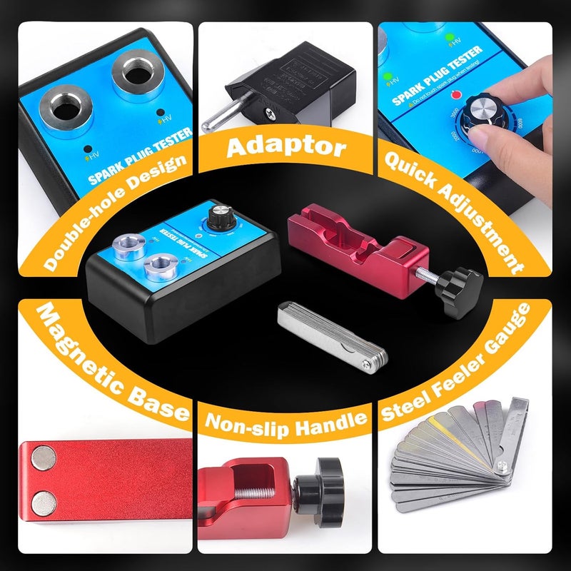 CNRAQR Spark Plug Tester & Spark Plug Gap Tool Kit 0 to 6000RPM with Double Hole Spark Plug Adjustable Gap Tool with Feeler Gauge Ignition Coil Tester for 12V Gasoline Vehicles Spark Plug Socket - Image 5